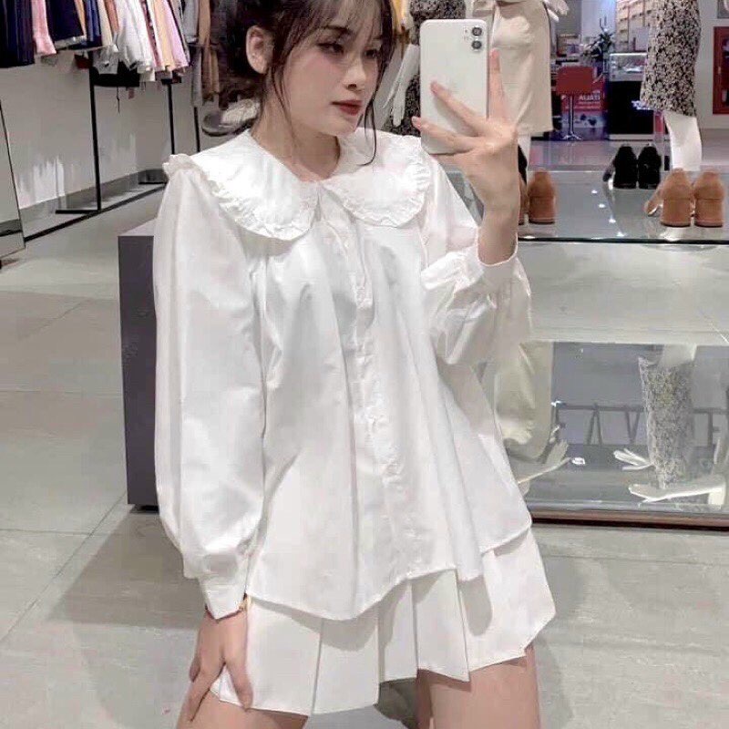 Áo Sơ Mi Cổ Bánh Bèo Tay Dài Voan Cực Xinh