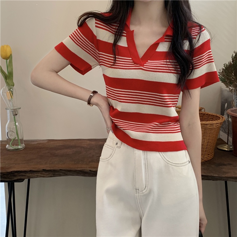 Áo thun ZHELIHANGFEI cổ polo tay ngắn họa tiết kẻ sọc thời trang dễ phối đồ dành cho nữ