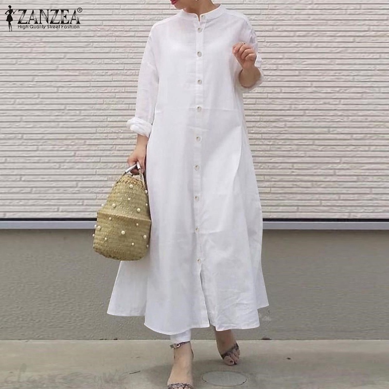Đầm maxi ZANZEA cổ tròn dài tay gài nút thiết kế dáng rộng đơn giản thanh lịch cổ điển cho nữ