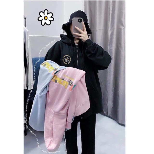 Áo khoác nam nữ nỉ ngoại dây kéo bông cúc floral fun