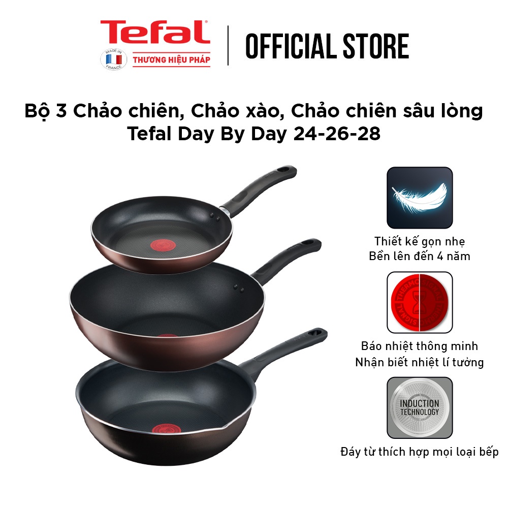 [LIFEMC11BPC -8% đơn 350K] Combo Tefal Day By Day Chảo chiên 24cm &amp; Chảo xào 26cm &amp; Chảo chiên sâu lòng 28cm