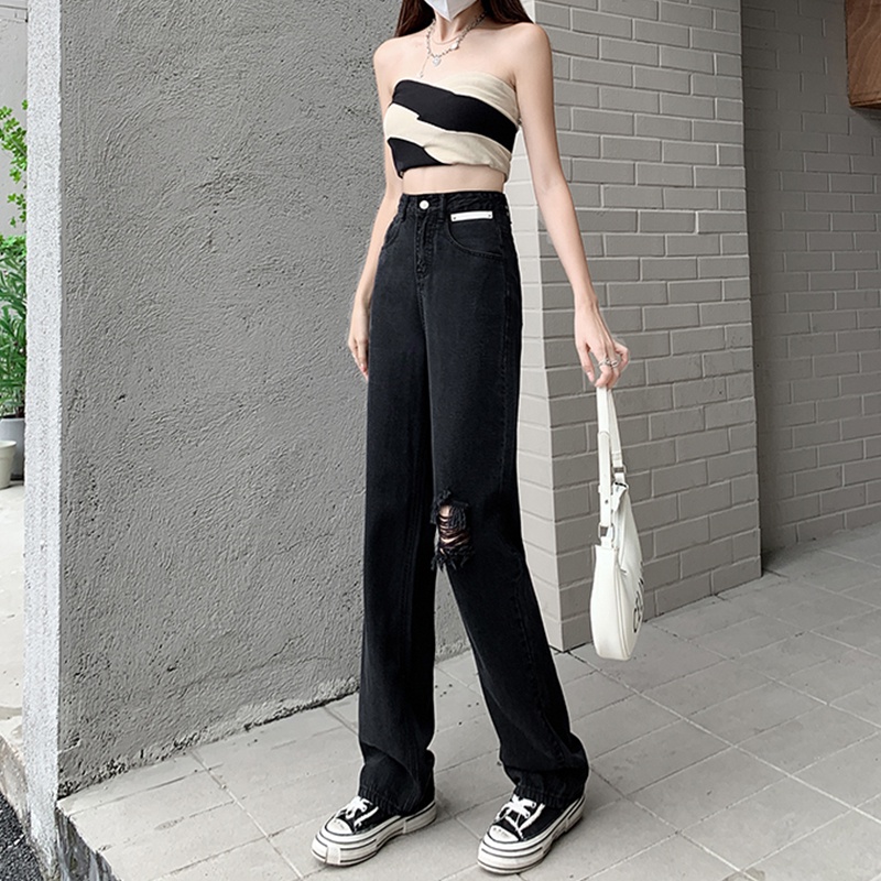 Quần Jeans Nữ Lưng Cao Ống Rộng Rách Gối Thời Trang