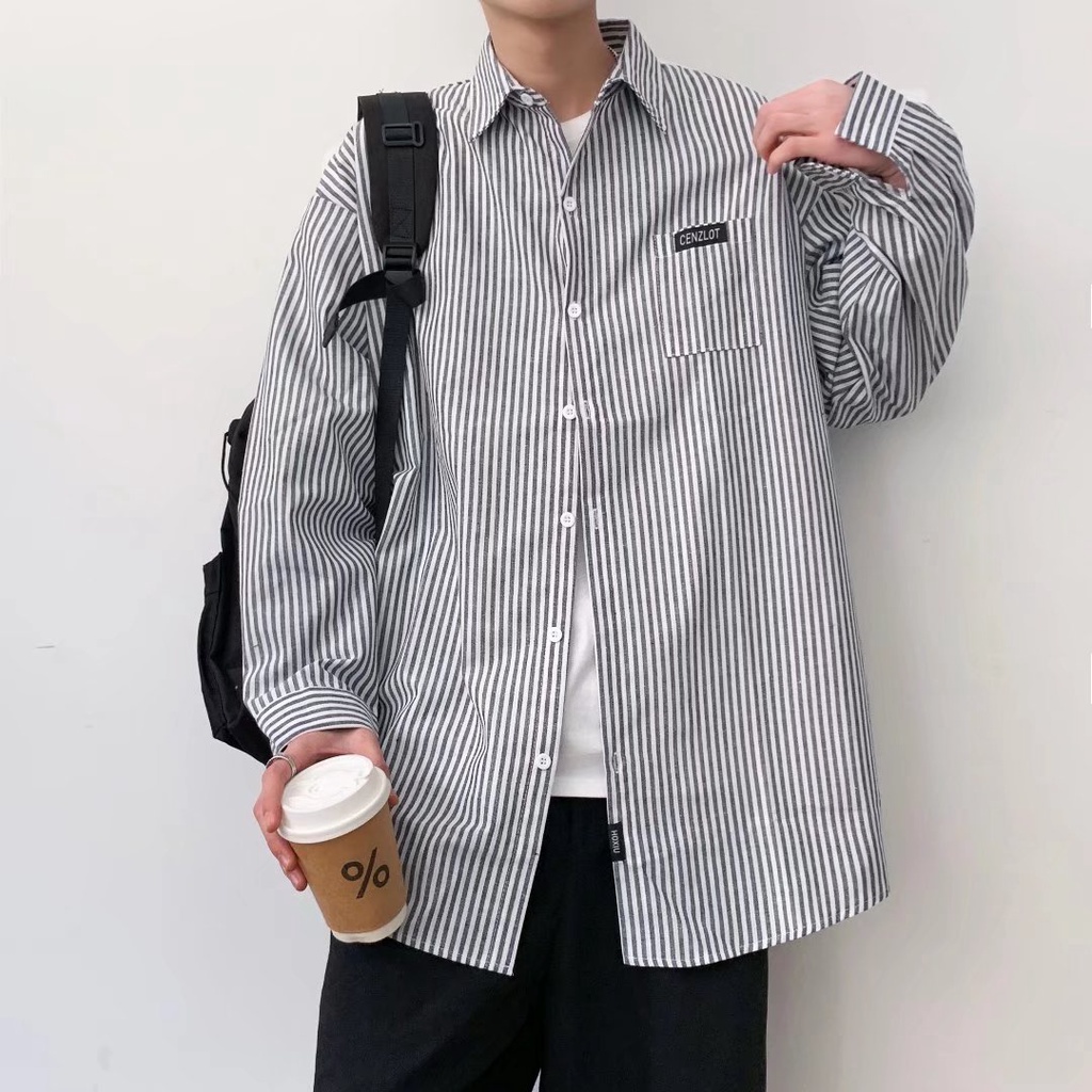 Áo Sơ Mi nam Sọc Cổ Đứng Tay Dài áo sơ mi xanh Oversize áo sơ mi kẻ sọc Phong Cách Hàn Quốc  áo sơ mi nam dài tay sơ mi nam