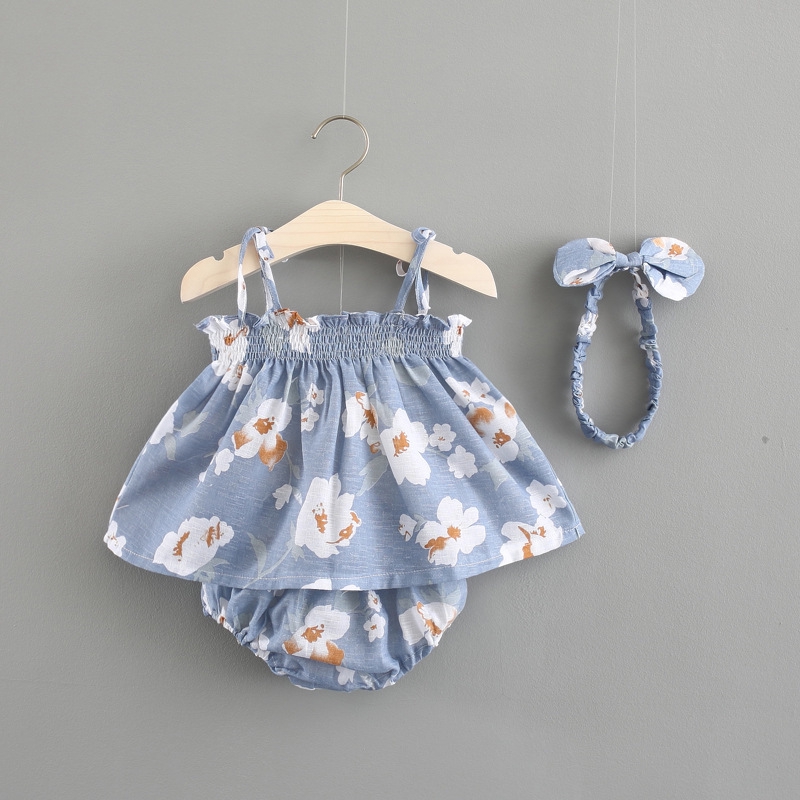 Set Áo Yếm + Quần Short + Băng Đô In Hoa Dành Cho Bé Gái