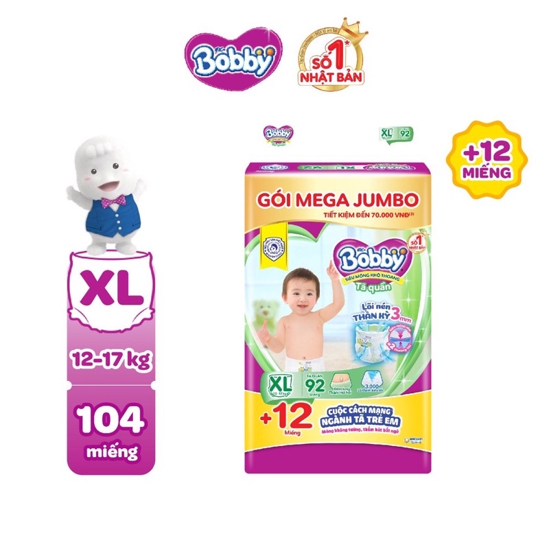 Tã quần Bobby lõi nén Mega jumbo M132|L116/XL104/XXL96/M120/L104/XL92/XXL84