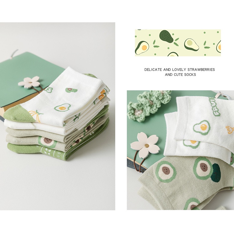 Tất vớ nữ cổ cao trắng họa tiết trái bơ xinh xắn dễ thương chất cotton co giãn phong cách Nhật Hàn mùa hè ABICA TD043
