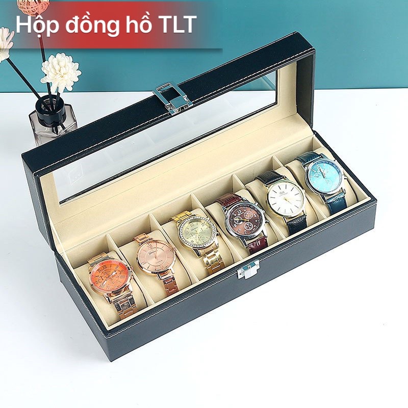 hộp đồng hồ 6 ngăn bọc da màu đen có nắp kính