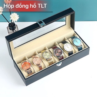 hộp đồng hồ 6 ngăn bọc da màu đen có nắp kính