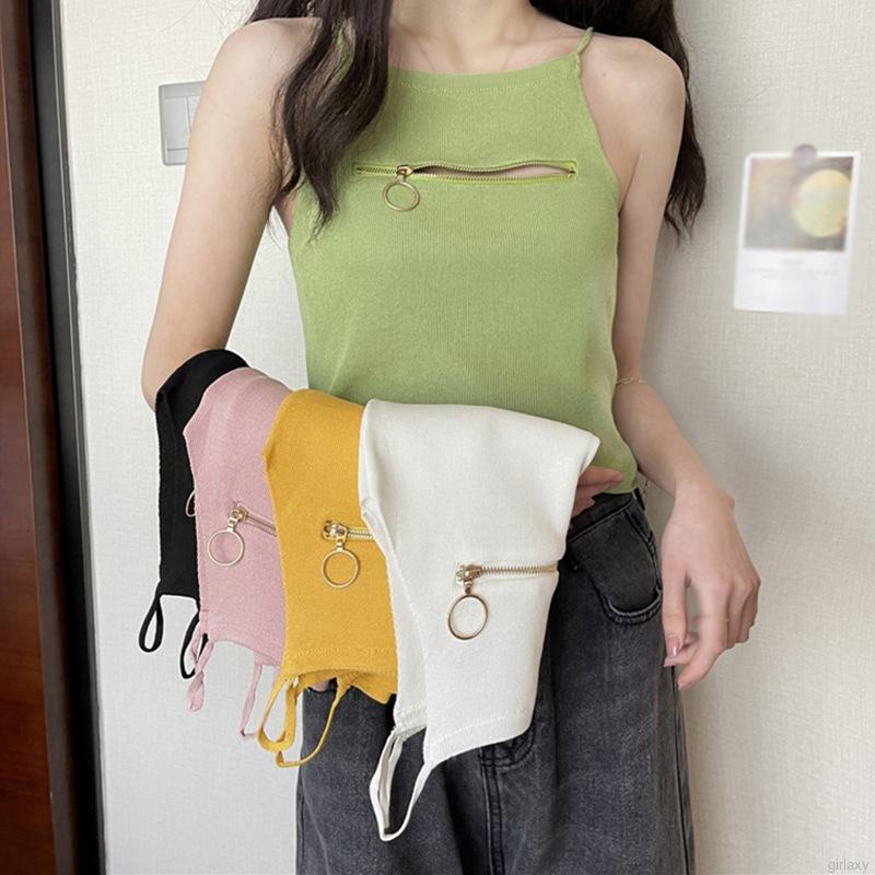 Áo Hai Dây Dệt Kim Màu Trơn Phối Khóa Kéo Thời Trang Hàn Quốc Quyến Rũ Cho Nữ