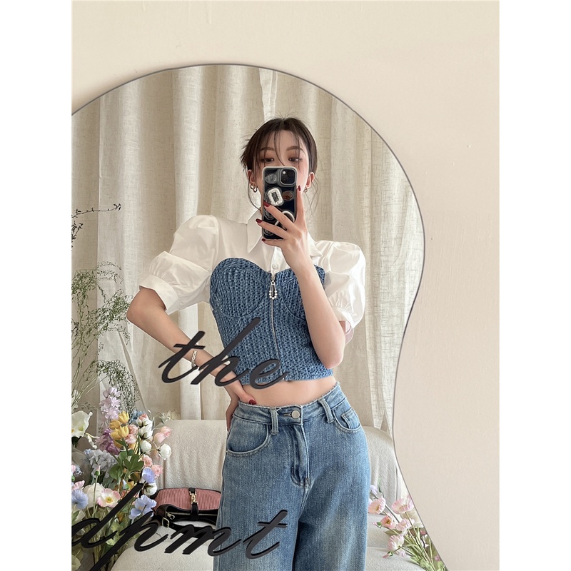 QOEDDV Áo Sơ Mi denim Tay Ngắn Phong Cách Hàn Quốc Thời Trang Cho Nữ