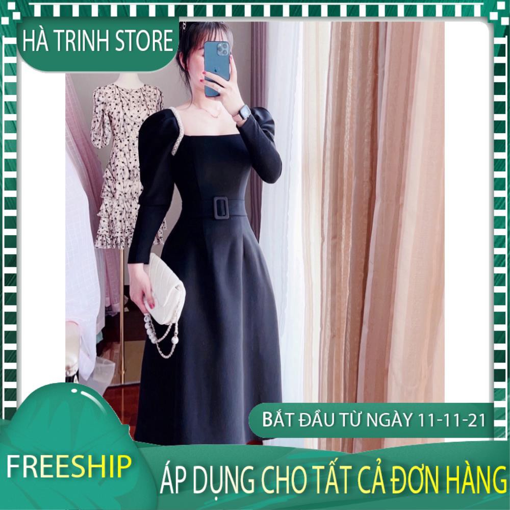 Váy đầm thiết kế cao cấp công sở dự tiệc đen xòe đính ngọc vai kèm đai V2130 - HÀ TRINH STORE