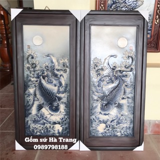 Đôi tranh cá chép trông trăng gốm Bát Tràng cao cấp