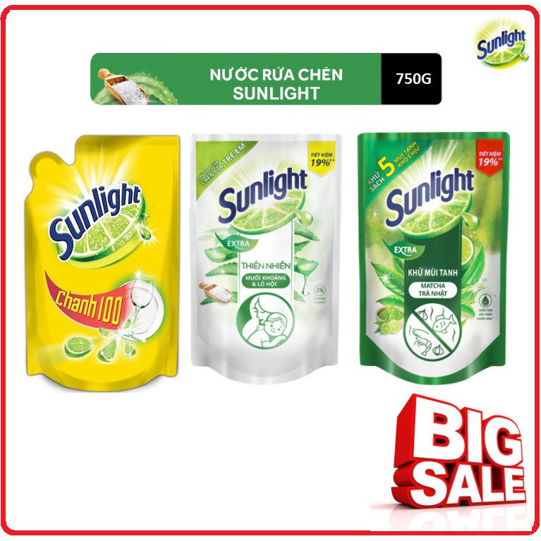 Nước rửa chén Sunlight 750g  Chanh / Matcha Trà Nhật / Thiên Nhiên