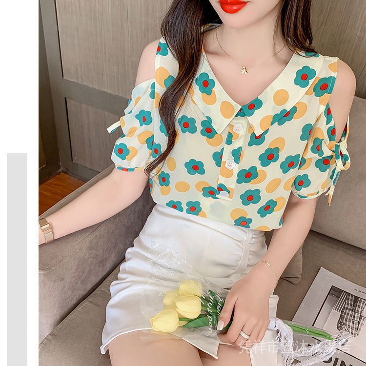 Áo Sơ Mi Mùa Hè 2021 Tay Cộc Cổ Búp Bê Hở Vai Họa Tiết Hoa Phong Cách Pháp Cho Nữ