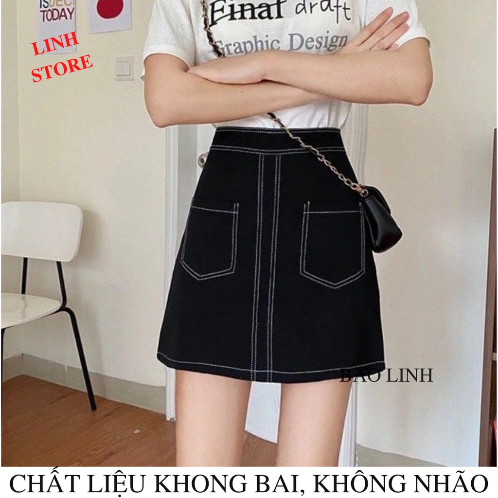 Chân Váy Công sở chữ A LINH STORE Lưng Cao Viền Chỉ Nổi Phối 2 Túi Có Lót Trong Chống Lộ