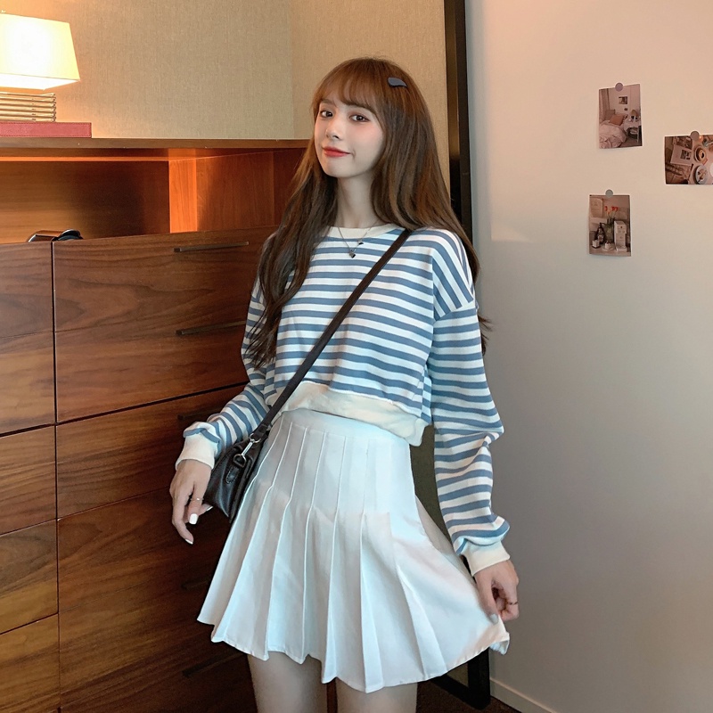 【ZHELIHANGFEI】Áo Sweater Tay Dài Kẻ Sọc Lưng Cao Thời Trang Cá Tính
