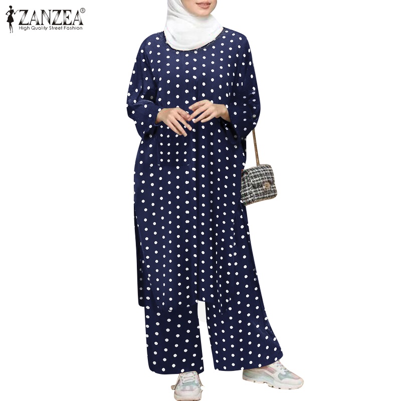 Set áo dài xẻ tà và quần dài Zanzea họa tiết chấm bi giản đơn thời trang cho nữ