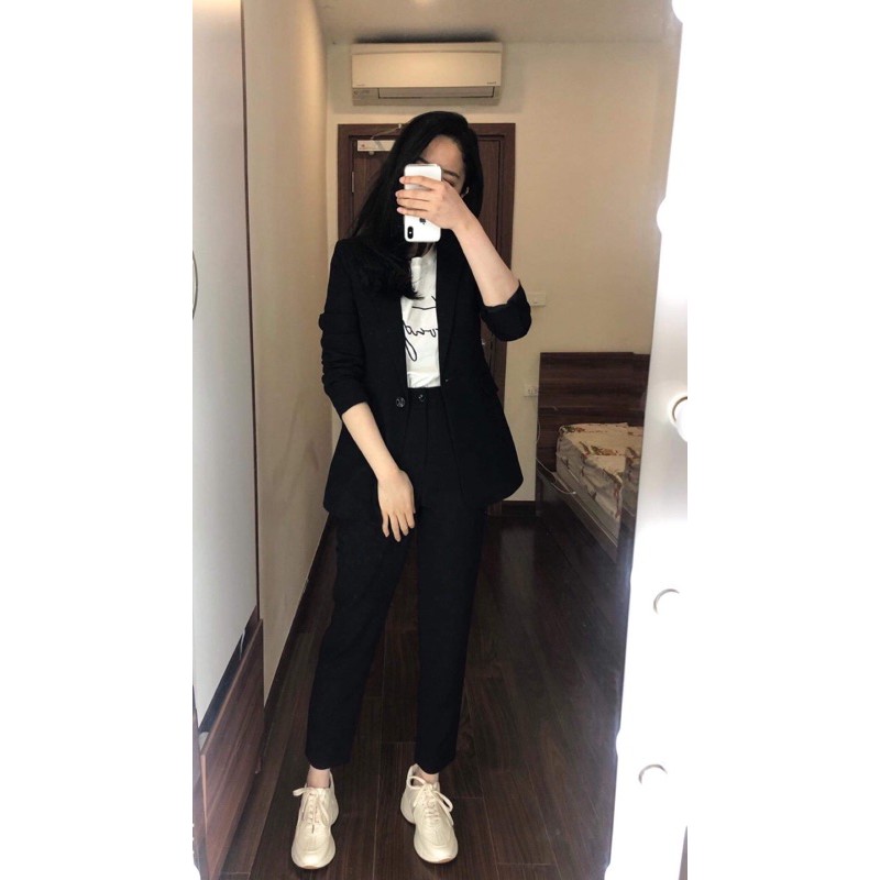 Bộ vest (blazer) nữ đen 2 lớp đứng phom