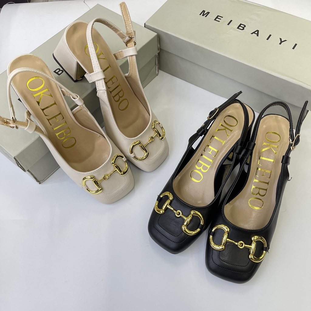 Giày nữ 3 phân đế vuông da mềm bít mũi, 2 màu đen và trắng, giầy nữ Okleibo 3 phân da mềm đẹp họa tiết móc vàng xinh