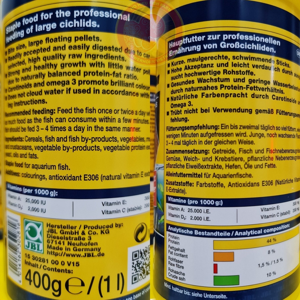 Cám viên JBL Đức thức ăn cho cá la hán lên Đầu,Màu,Châu,3in1, Hộp 400g .Hàng Đức