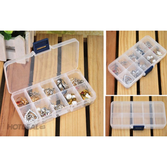 Hộp nhựa trong suốt 10 ngăn mini đựng trang sức đồ nữ trang dây chuyền nhẫn khuyên bông tai thuốc kẹp tóc vòng lắc tay