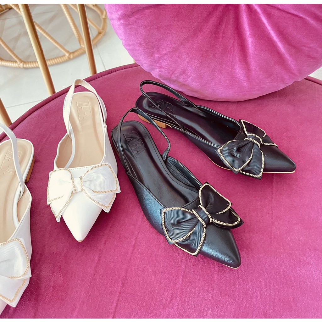 Sandal đế bệt mũi nhọn nơ vải viền xích nhỏ cực xinh