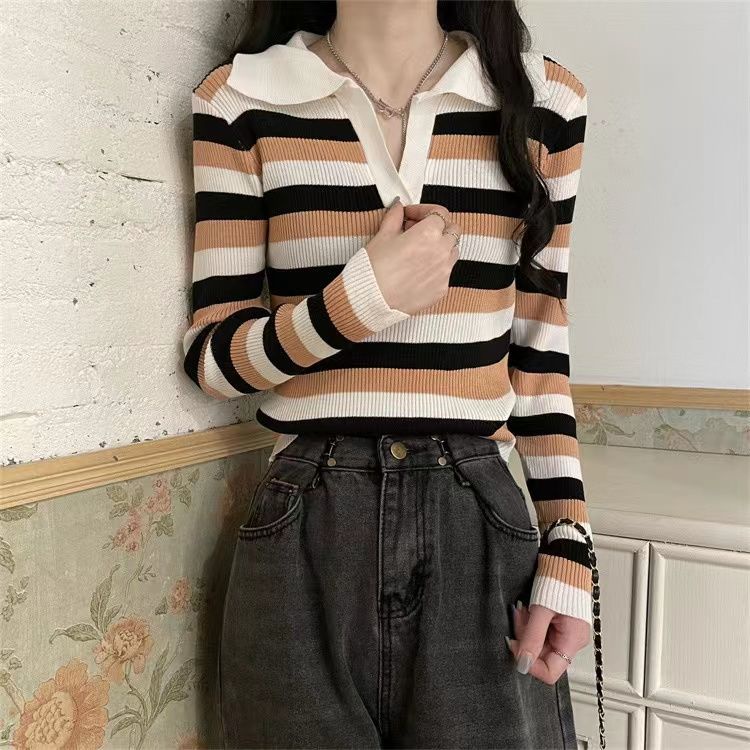 Áo Thun Tay Dài Cổ Vạch Sọc V Họa đan len Ngang Phong Cách Hàn Quốc Cho Áo phông Nữ NZ-TX-395