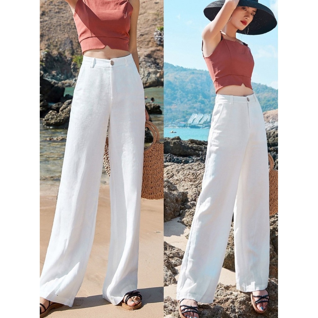 Quần ống rộng nữ cạp chun sau khoá trước lưng thun khuy cài dài 95cm có túi co giãn - Quần đũi dài nữ ống rộng màu trắng