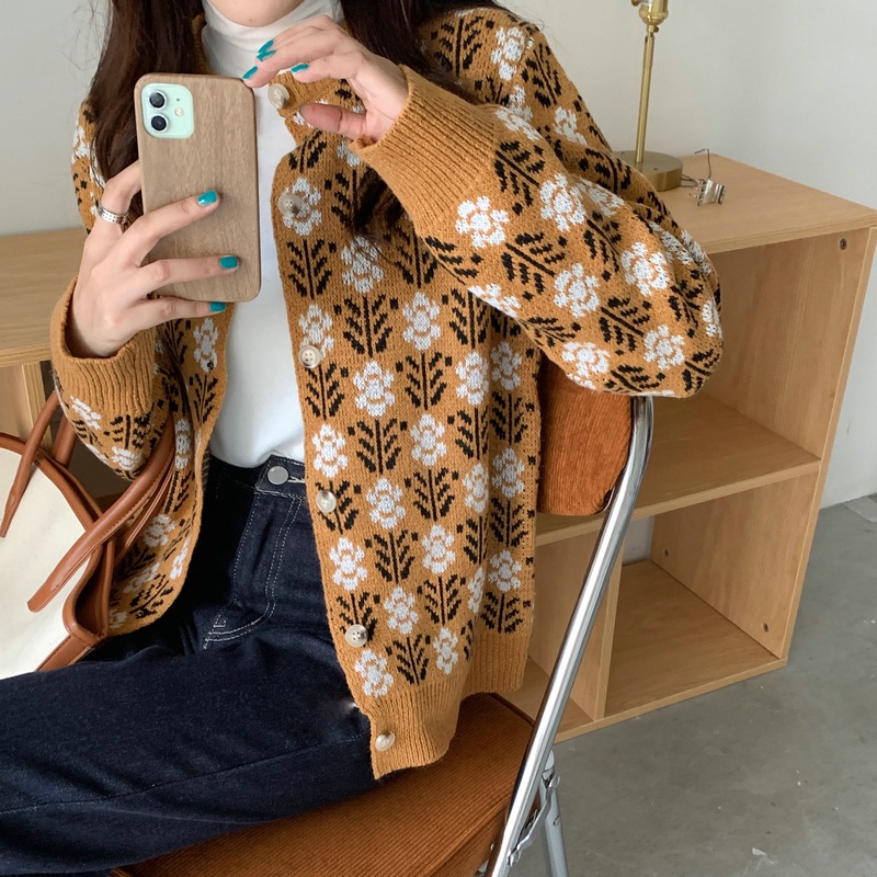 Áo khoác sweater cardigan cổ tròn họa tiết hoa phong cách phương Tây cho nữ