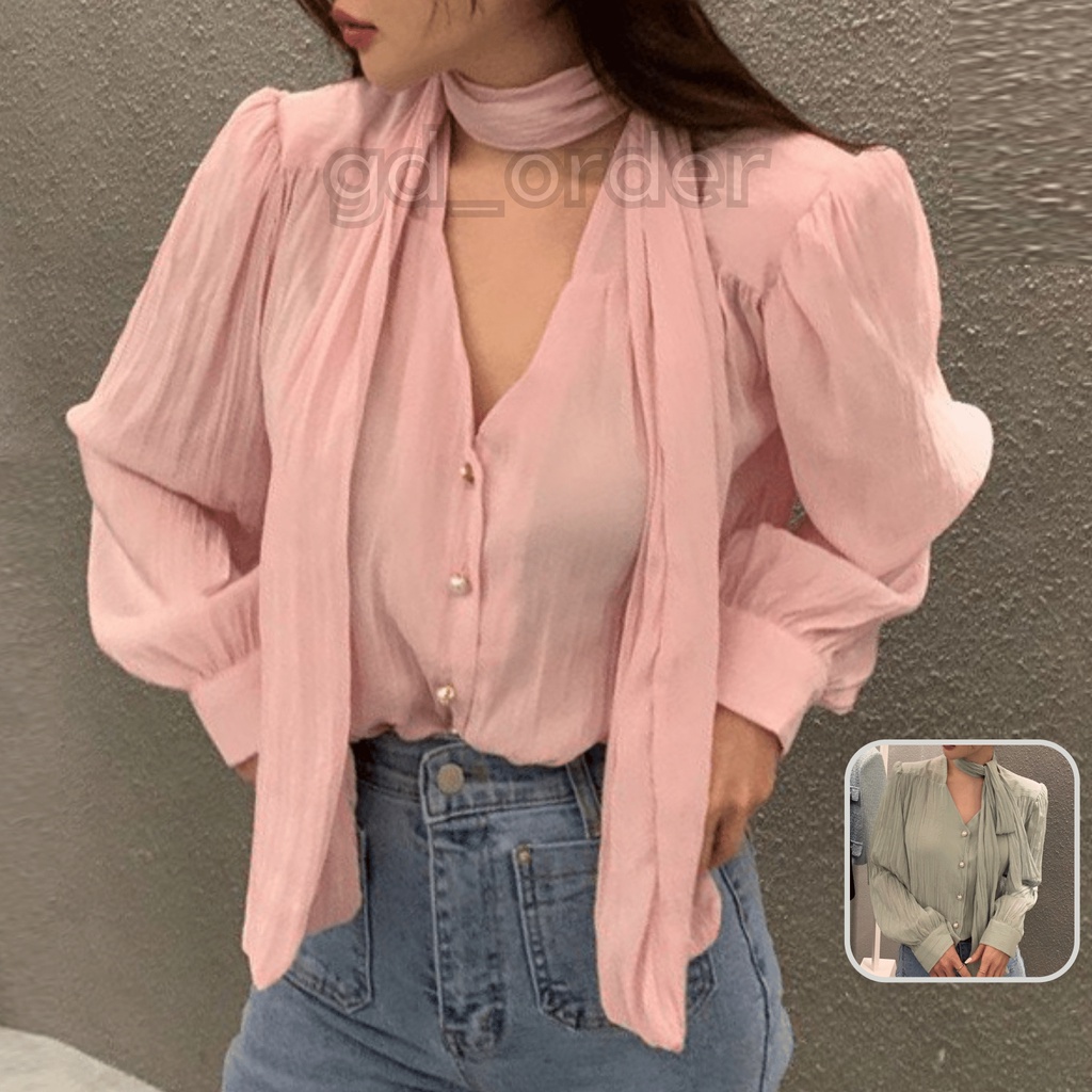A18|Áo sơ mi nữ công sở đẹp kiểu hàn quốc dây đai cổ tay phồng gd_order