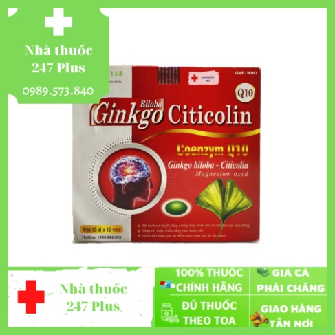 Viên uống Hoạt huyết dưỡng não Ginkgo Biloba Citicolin Q10 - 100 viên [Ginkgo Biloba Citicolin Đỏ] - 247Plus