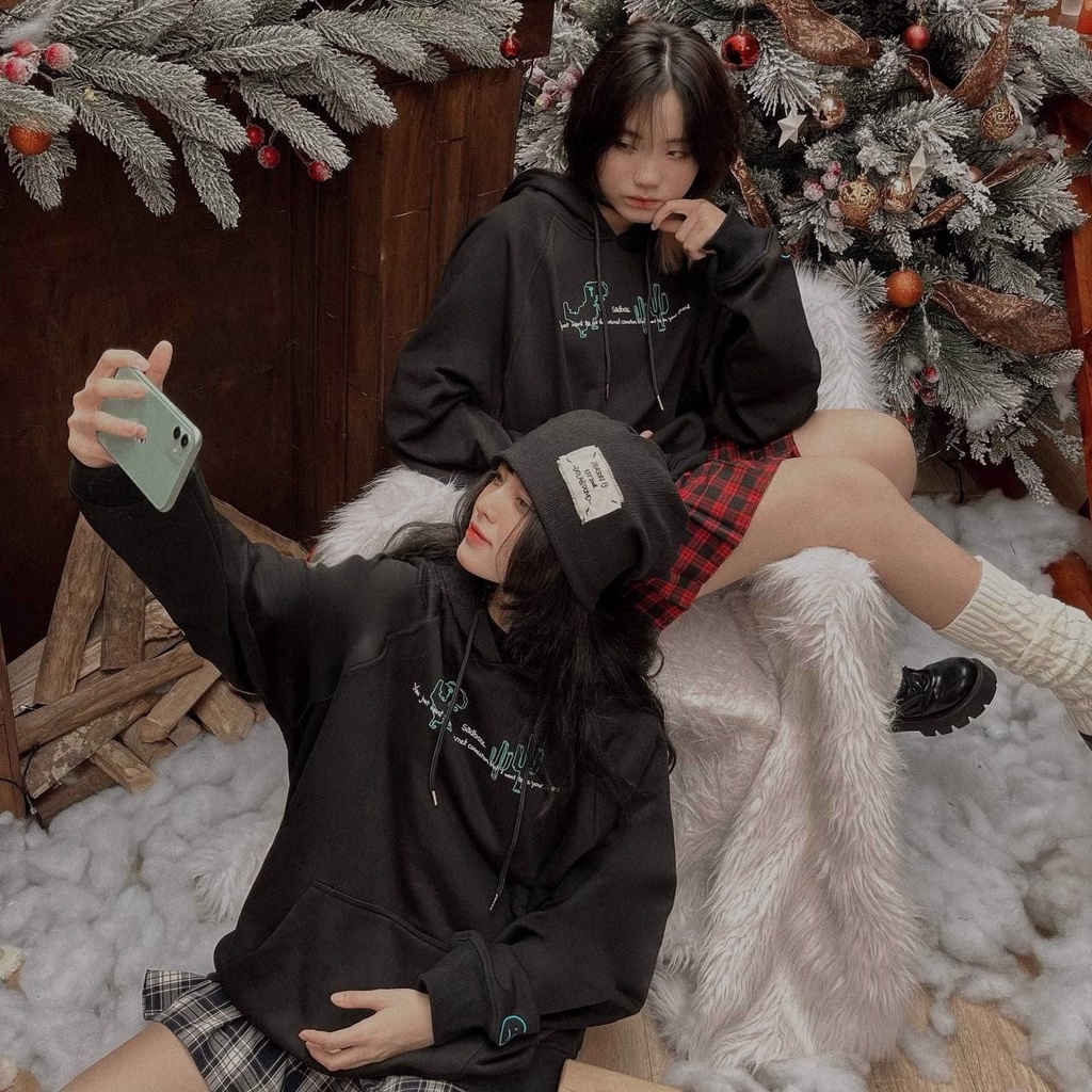 áo hodie tay dài SADBOIZ SADDINO khủng long xanh( mẫu in) uinisex from rộng nam nữ NỈ cotton mũ hai lớp BLACK