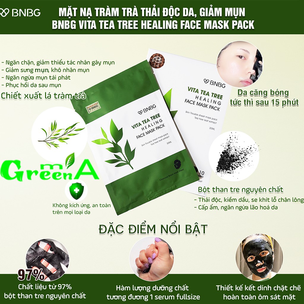 Mặt Nạ Tràm Trà BNBG [Miếng Lẻ] Vita Tea Tree Healing Face Mask Pack Giảm Mụn Thâm Sẹo Thải Độc Da NHẬP KHẨU CHÍNH HÃNG