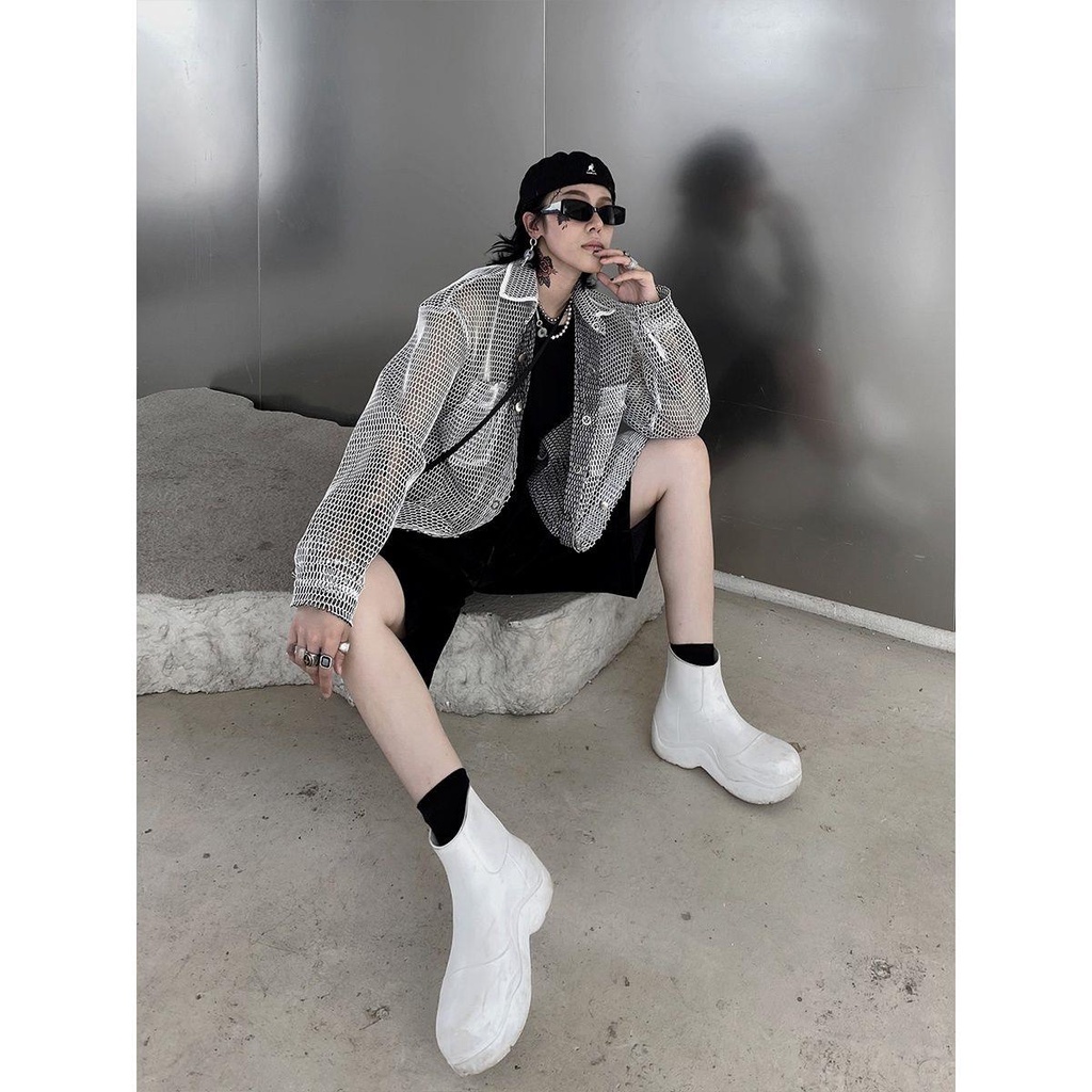 Áo khoác sơ mi tay dài dáng rộng phối lưới thoáng khí thời trang mùa hè dành cho nam và nữ