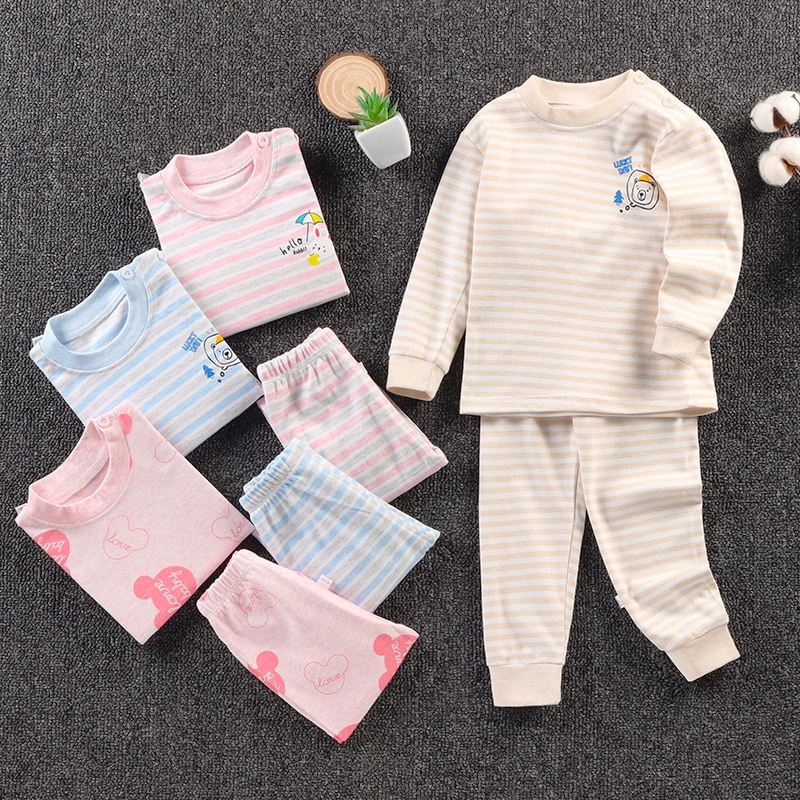 Bộ đồ ngủ Cotton tay dài in họa tiết hoạt hình giữ ấm mùa xuân thu cho bé 1-15 tuổi