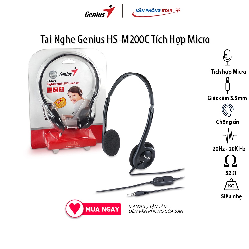 Tai Nghe Genius HS-M200C tích hợp micro chống ồn, âm thanh tốt đầu cắm 3.5mm dùng cho laptop, PC, điện thoại