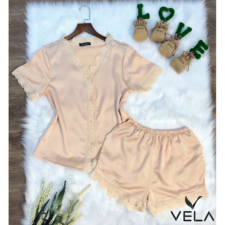 Bộ Đùi Mặc Nhà Lụa Satin Phối Ren Cổ Tim Cao Câp | BigBuy360 - bigbuy360.vn