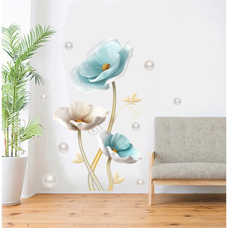 Decal trang trí tường - Hoa hồng xanh và ngọc trai