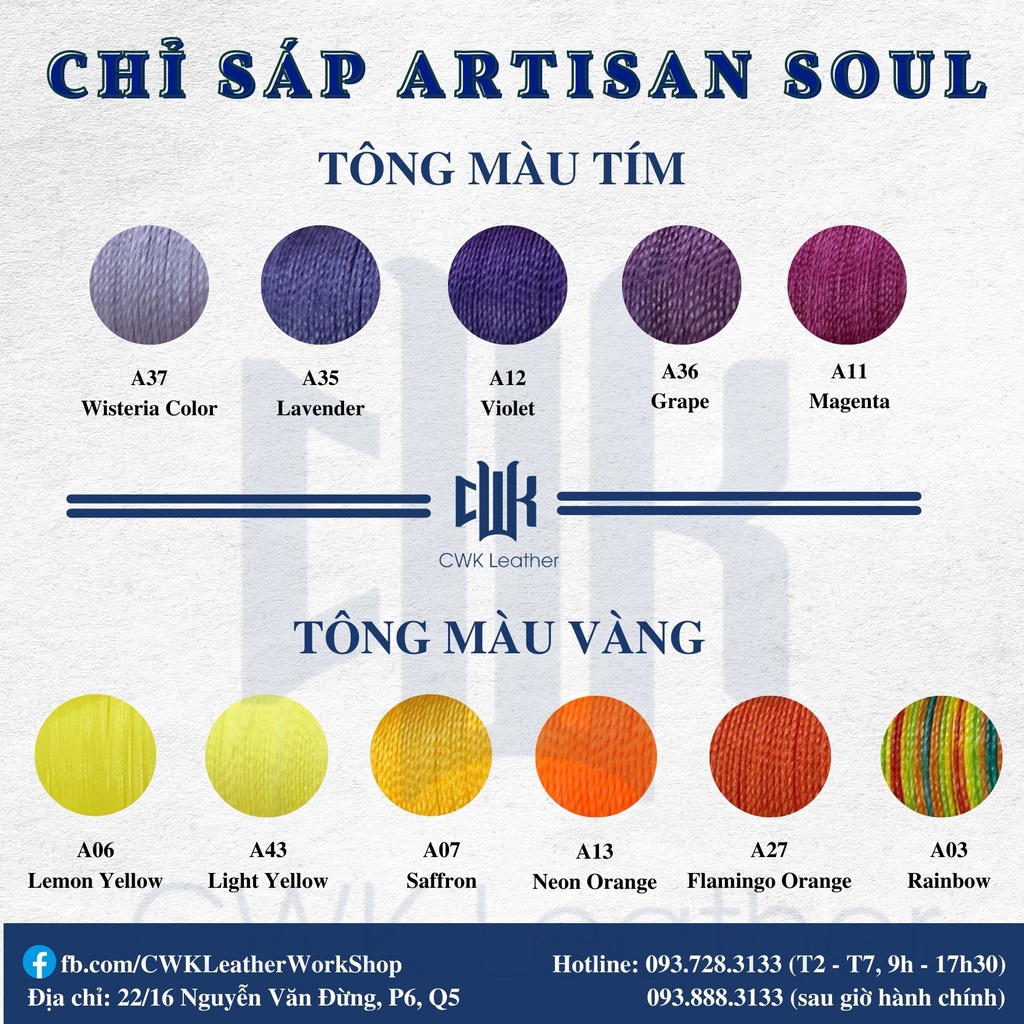 Chỉ sáp 0.45mm và 0.55mm may đồ da handmade thắt vòng tay macrame Artisan Soul (tông vàng cam-đỏ hồng)