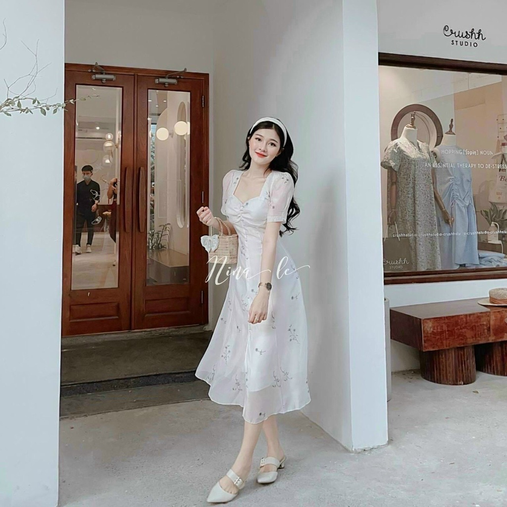 [8.8 Sales Freeship] Đầm công chúa tay phồng, đầm midi trắng xòe in hoa nhún ngực phối nút xẻ tà sang chảnh