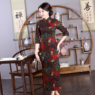 ĐẦM SƯỜN XÁM THƯỢNG HẢI CỔ TÀU QUÝ BÀ IN HỌA TIẾT NỀN ĐỎ SANG TRỌNG CÓ SIZE LỚN - HÀNG NHẬP KHẨU