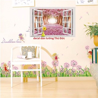 combo 2 bức decal dán tường cửa sổ hồng kết hợp chân tường bồ công anh