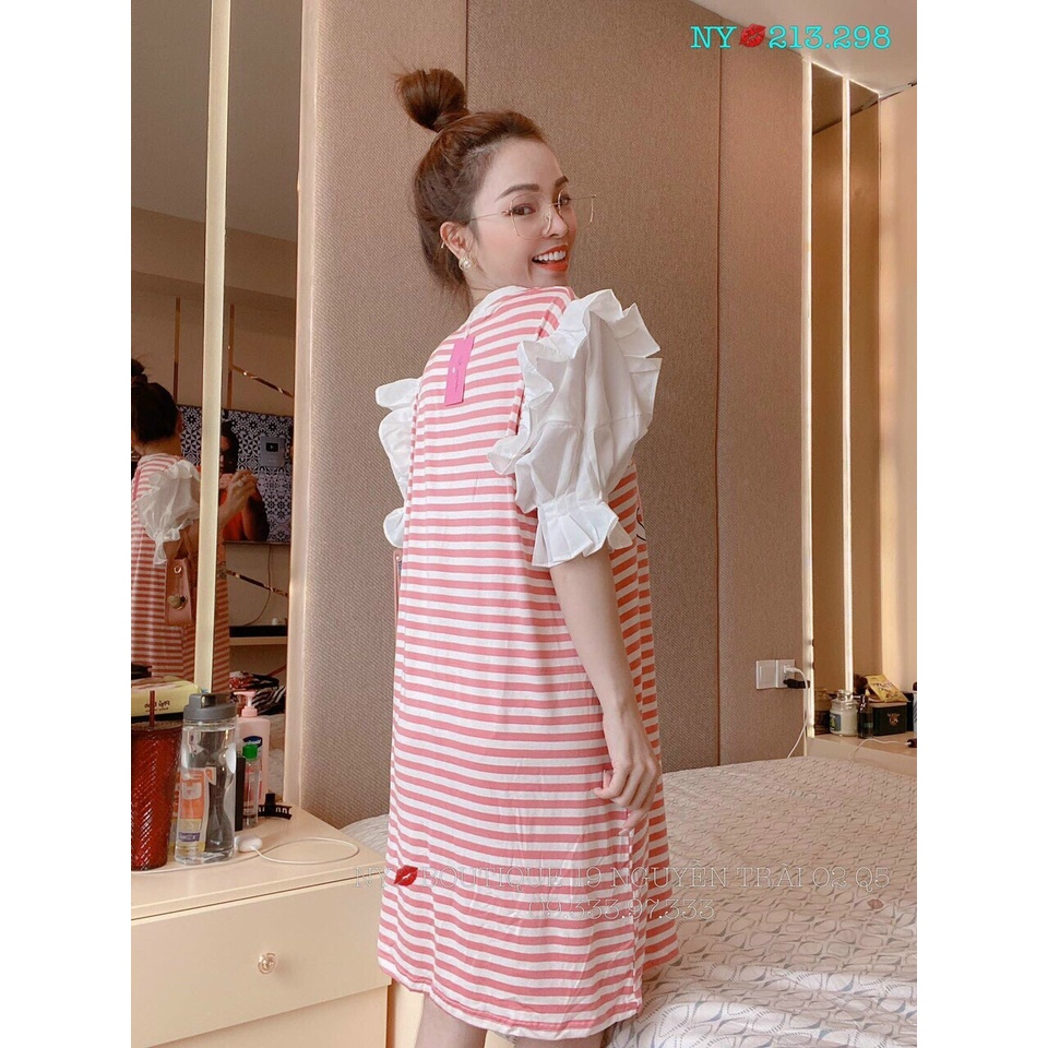 [8.8 Sales Freeship] Đầm tiểu thư,đầm kẻ sọc hồng in hình công chúa phối tay trắng bèo chất thun gân cực cute, dễ dương