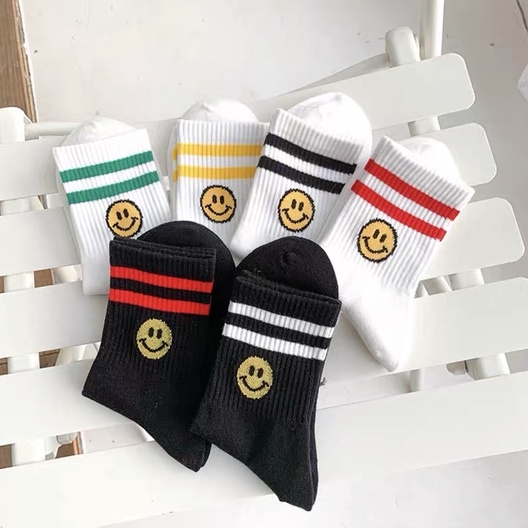 Tất nam nữ cổ cao Unisex mặt cười họa tiết 2 sọc cao cấp kiểu dáng thể thao thời trang 2022