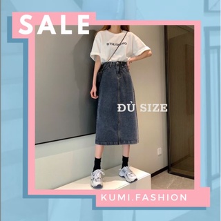 Kumivn Chân váy denim bò cạp cao dáng dài có nút chỉnh eo màu xám đen phong cách Hàn Quốc