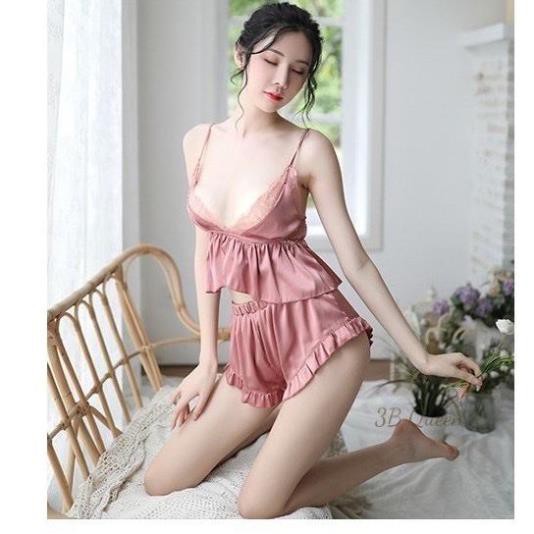 Đồ bộ nữ 2 dây phối ren ngực sexy, đồ ngủ chất liệu satin cao cấp mềm, mịn,  kèm quần đùi siêu cute | BigBuy360 - bigbuy360.vn