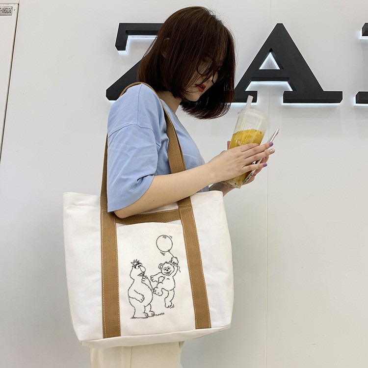 Túi tote vải canvas siêu dày quai nâu liền dài chắc chắn