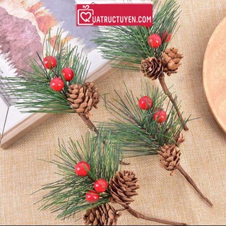 Set 5/10 cành thông trang trí giáng sinh Noel, cành lá thông quả đỏ phụ kiện vòng nguyệt quế, đế nên