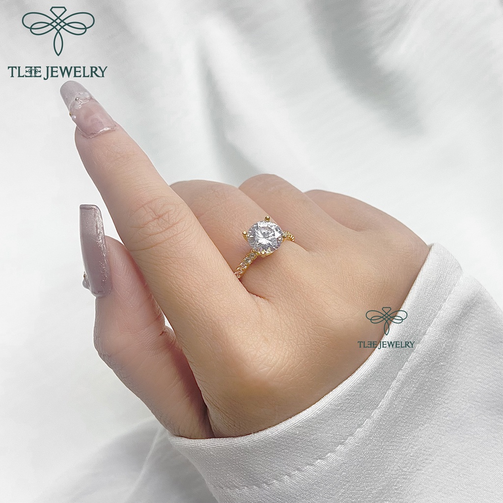 Nhẫn bạc nữ TLEE trụ đá bốn chấu mạ vàng 14k ổ đá 8li sang trọng TleeJewelry A0150