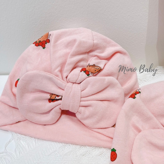 Mũ nón turban màu hồng hình gấu dâu dễ thương cho bé gái MTB87 Mimo Baby